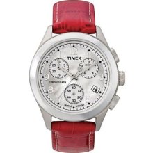 Timex Womens T Series Classic Chronograph Mop Indiglo Dial Red Leather Watch