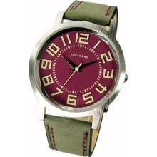 TOKYObay Unisex Track Large Analog Stainless Watch - Green Leather Strap - Red Dial - T155-GR