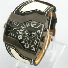 Top Brand Military Men's Watch With Dual Movt Black Dial Leather Band Hot