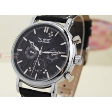 Top Qualitymens Crystal Black Subdial Date Week 24h Leather Selfwind Watch