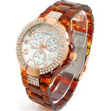 Tortoise Rose/gold 3d Geneva Designer Style Crystal Bezel Women's Watch