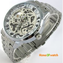 Trendy Hollow Skeleton Analog Dial S/steel Mens Automatic Mechanical Wrist Watch