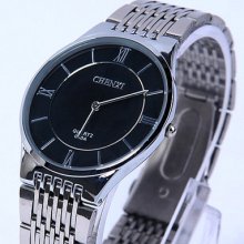 Two Pointer Stainless Steel Unisex Roman Numerals Dial Ultra-thin Quartz Watch