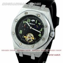 U084 - Black Automatic Mechanical Moonphase Tourbillon Silicone Men Sport Watch