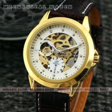 U190 - Gold Case Brown Leather Band Skeleton Men's Automatic Mechanical Watch