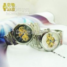 Unique Black White Hollow Dial Zinc Alloy Metal Mechanical Watch For