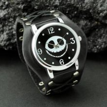 Unisex'sk Cute Skullhead Face Round Dial Black+brwon Faux Leather Watchband