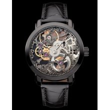 Used Mens Hand Winding Skeleton Black Leather Wrist Watch G-nhkalalbb