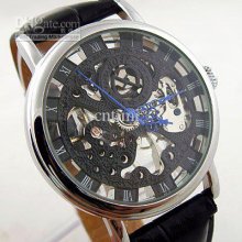 Vegan Mens Full Skeleton Mechanical Leather Watch Black Gift Freeshi