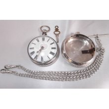 Victorian Silver Verge Fusee Pair Cased Pocket Watch And Chain