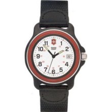 Victorinox Swiss Army Men s Original Swiss Made Quartz Red Bezel Leather Accent Nylon Strap Watch