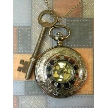 Vintage Key and Victorian Steampunk Metallic Black Retro Style Pocket Watch