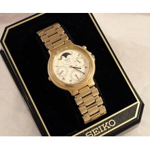 Vintage Mens Seiko Quartz SQ 100 Moon Phase Watch #7F38-6119 With Gold