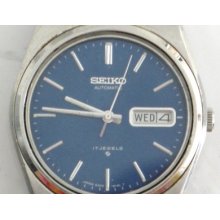 Vintage Seiko Automatic Watch 17 Jewels Silver Blue Face Day Date 6309 814l T