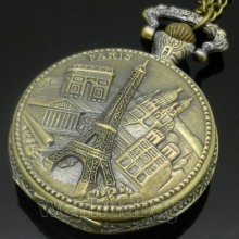 Vintage Triumphal Arch Paris Eiffel Iron Tower Pocket Watch Necklace Gift P121