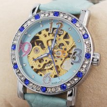 W/crystal Colorful Unique Blue Belt Fashion Womens Ladies Automatic Wrist Watch