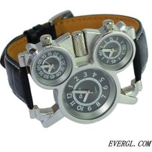 Watch Army Oulm Military 3 Time Zones Rare Movements Quartz Mens Leather Sports