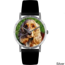 Whimsical Cocker Spaniel Photo Black Leather Strap Watch (Silver)