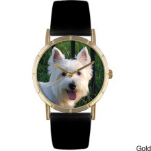 Whimsical Women's Westie Photo Black Leather Strap Watch (Silver)