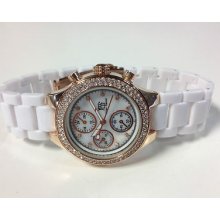 White Acrylic Ladies Rose Gold Iced Out Crystal Decorative Chrono Watch 1745