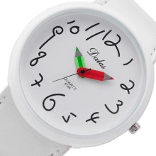 White Cute Big Case Pencil Pointer Womens Mens Child Quartz Pu Leather Watch Cnp