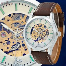 White Dial Mechanical Skeleton Automatic Real Brown Strap Leather Wrist Watch