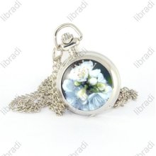 White Flowers Pendant Children Necklace Chain Quartz Pocket Watch Gift Sliver