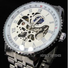 White Men's Transparent Dial Stainless Steel Band Automatic Mechanical Watch