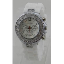 White Silicon Matching Band/Dial With Rhinestones CZ Bling Silver Tone Watch