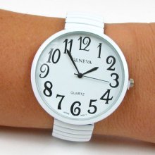 White Super Size Round Face Stretch Band Geneva Women's Watch