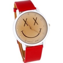 Womage A139 Children's Cartoon Smiling Face Dial Red Leather Strap Analog Watch