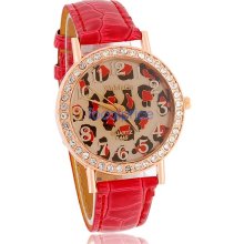 WoMaGe A449 Leopard Pattern Round Dial Women's Analog Watch with Faux Leather Strap (Red)