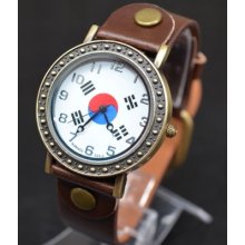 Women Girl Boys Unisex Leather Bracelet Wristwatch South Korea's Flag