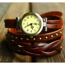 Women Leather Watch - Genuine Leather Wrap Bracelet Watch - Retro Style with Rivet Women Wrist Watch