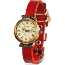 Women's Antiqued Rose Analog Watch with Faux Leather Strap (Red)