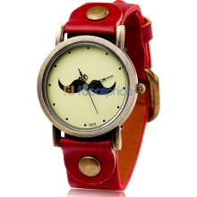 Women's Beard Pattern Round Dial Analog Watch with Faux Leather Strap (Red)