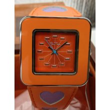 Womens Paul Frank Hearts Wrist Watch Orange With Purple Hearts Embossed Leather