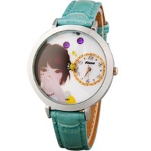 Women's Round Dial Quartz Analog Watch with Faux Leather Strap (Blue)