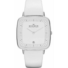 Women's Square Stainless Steel Case White Leather Bracelet White Tone Dial Date