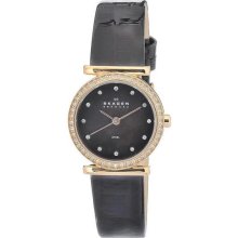 Women's Stainless Steel Quartz Black Dial Crystals Leather Strap