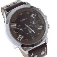 Wrist Watch Brown Round Shaped Fauxy Leather Men Analog Deluxe High Quality