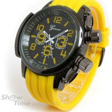 Yellow Gun Geneva Round Heavy Case Hard Rubber Oversized Sport Men's Watch