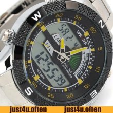 Yellow Hands Stainless Steel Fashion Mens Wrist Watch Sport Styel Alarm & Chrono