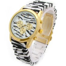 Zebra Gold Geneva Designer Style Acrylic Bracelet Women's Watch