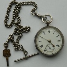 1880 Sterling Silver Pocket Watch With Albert Chain Dog Clips T Bar & Winder