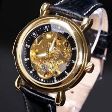 18k Golden Plated Stainless Steel Case Mens Leather Band Mechanical Watch