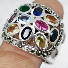 4.08cts Marcasite Multi Precious Gem 925 Silver Ring Jewelry Size 8.5 G4090