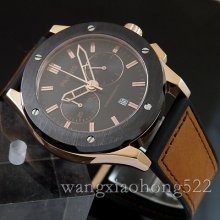 44mm Parnis Pvd Black Dial Chronograph Quartz Mens Watch Brown Rubber Strap 437