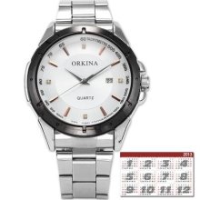 A Orkina Luxury White Date Quartz Mens Stainless Steel Sport Analog Dress Watch