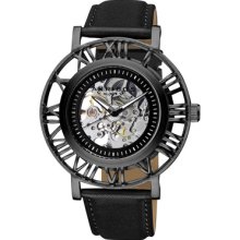 Akribos XXIV Watches Men's Silver Tone Skeletal Dial Black Leather Bl